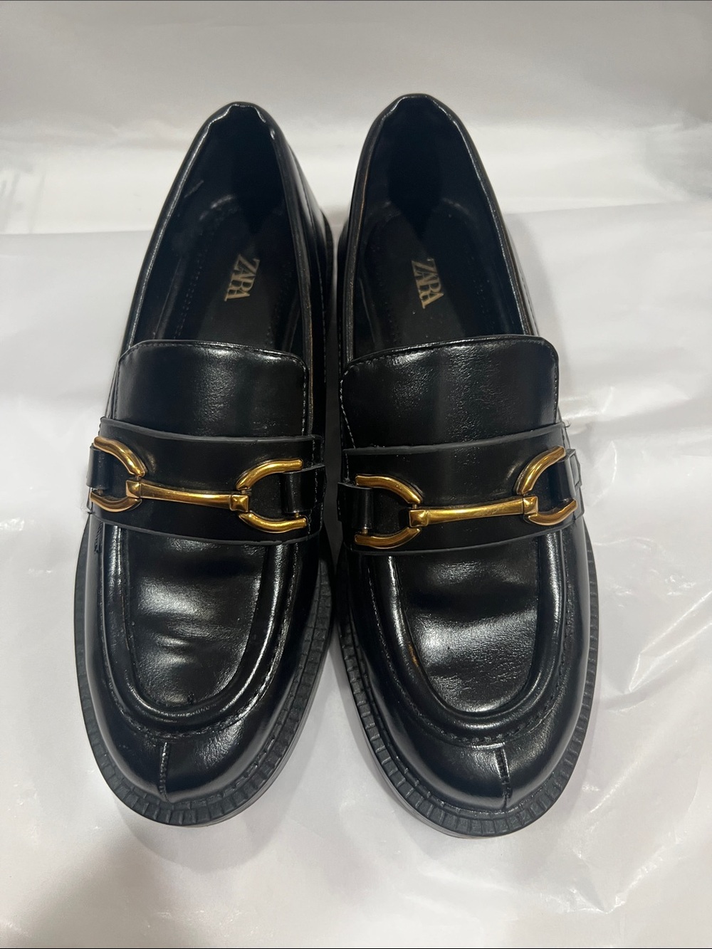 Zara Black Leather Loafers with Gold Horsebit Detail
